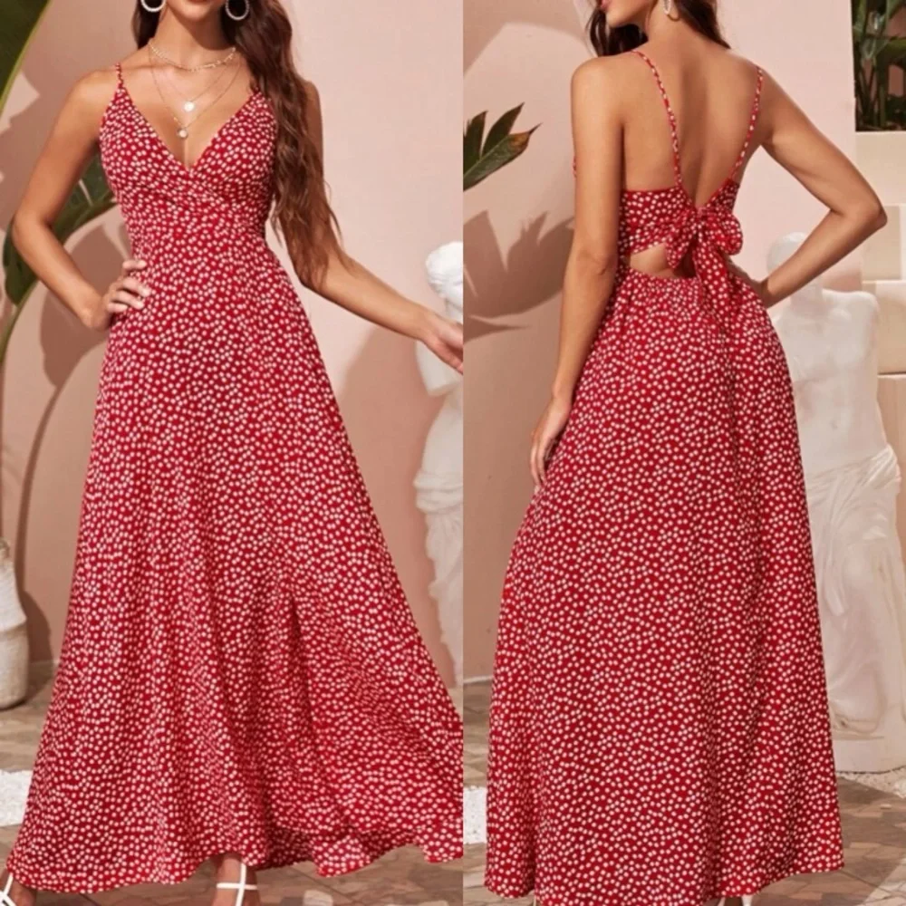 Boho red floral print open tie back back maxi dress - Picture 1 of 5